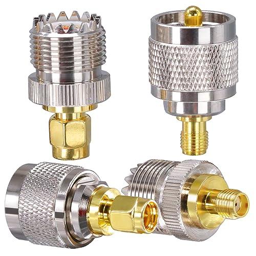 M型SMAからUHF PL259同軸アダプター 4個 、SO239 UHFオス/メスからSMAオス/メスRF同軸コネクタキット、アンテナ、ラジオ | 