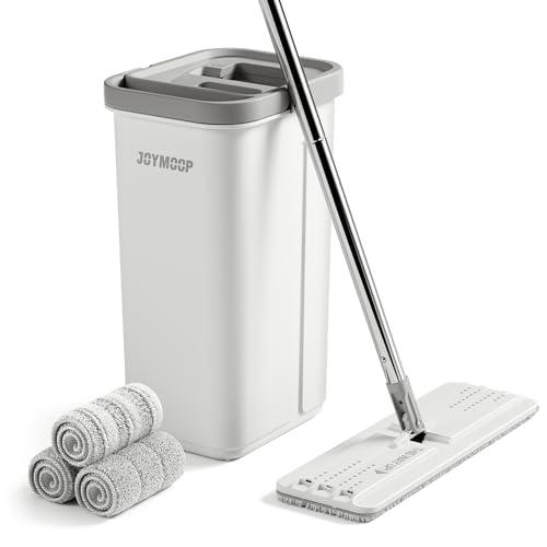 JOYMOOP モップとバケツ 絞り器セット ハンズフリー フラットフロアモップとバケツ 洗えるマイクロファイバーパッド3枚付き 拭き掃除対応の | 
