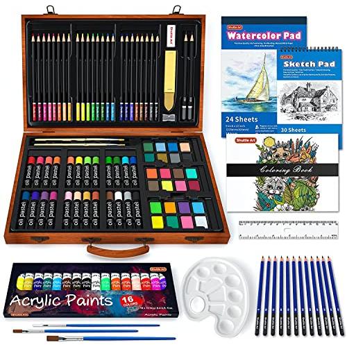 Shuttle Art お絵かきセット アートセット 画材セット 118点 色鉛筆 アクリル絵の具 固形水彩 デッサン鉛筆 パステル 塗り絵 ス | 