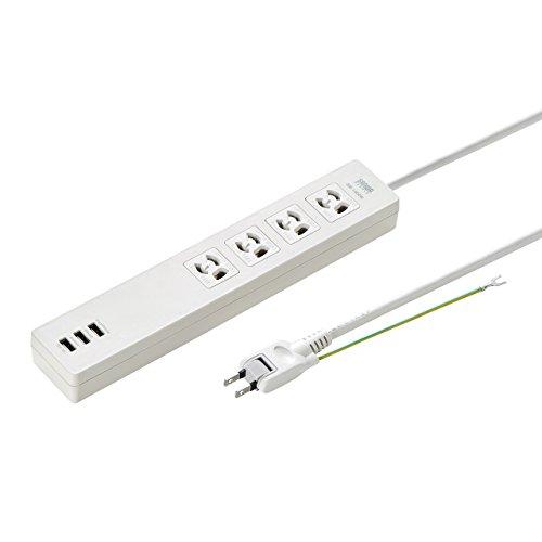 サンワサプライ USB充電機能付きタップ 3P・4個口 USB A×3ポート(合計出力3A) 裏面マグネット付き 2m TAP-F37U-2 | 