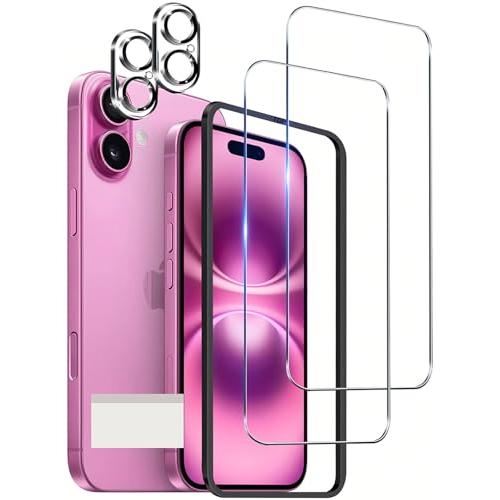 iPhone 16 用 ガラスフィルム (2枚) + iphone16 用 カメラフィルム (2枚) ガイド枠付き 1枚 取り除き発泡板 硬度9 | 