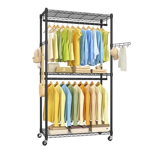 SONGMICS ハンガーラック 洋服かけスチールラック 2段式衣装収納 幅90cm 耐荷重137kg 調整な棚とポール 3つ棚有り フック、キ | 