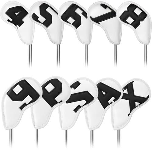 ゴルフアイアンカバー マグネット ウェッジカバー クラブヘッドカバー セット 10pcs(4-9PASX) 両面黒いパッチ番号 白い合皮 | 