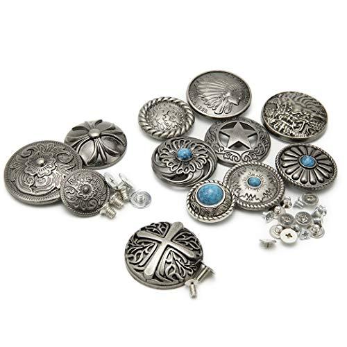 コンチョ ボタン 12個セット ねじ式 アンティーク シルバー 20mm〜33mm ターコイズ 唐草 インディアン 龍 五芒星 さくら レザーク |  | 01