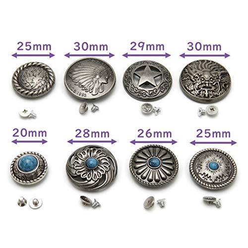 コンチョ ボタン 12個セット ねじ式 アンティーク シルバー 20mm〜33mm ターコイズ 唐草 インディアン 龍 五芒星 さくら レザーク |  | 02