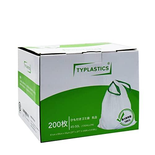 TYPLASTICS ひも付きゴミ袋 乳白 45-50L 200枚 箱入り 破れにくい 一本でごみ捨て | 