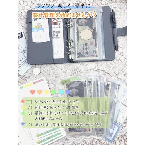 SYOUGO お金管理ポーチ お金わけるファイル 12枚ファスナ現金封筒 3枚カード収納ファイル PU A6 6穴 貯金バインダー 現金管理 グ |  | 01