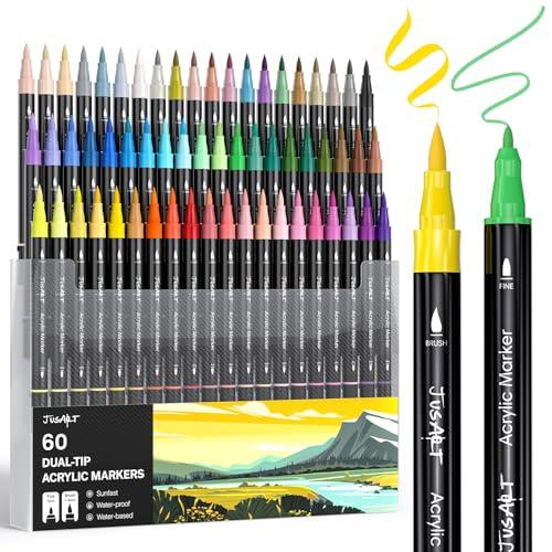 JusArt アクリルマーカーペン 60色セット ペイントマーカー 筆先 細字