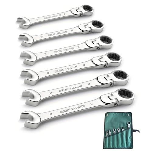 BTtime フレックスラチェットレンチ 6本組 首振りラチェット 両用ヘッド スパナ レンチ コンビネーションレンチ 収納袋付き 角度調整 7 | 