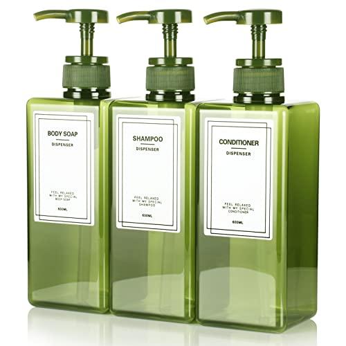 IRETION シャンプーボトル ディスペンサー 詰め替えボトル ロート 漏斗付き 600ml 3本セット (グリーン) | 