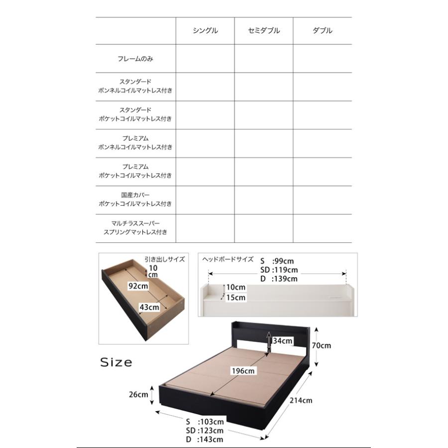 棚・コンセント付き 収納ベッド VEGA ヴェガ スタンダードボンネルコイルマットレス付き ダブル フレーム色:ブラック マットレス色:ブラック_6