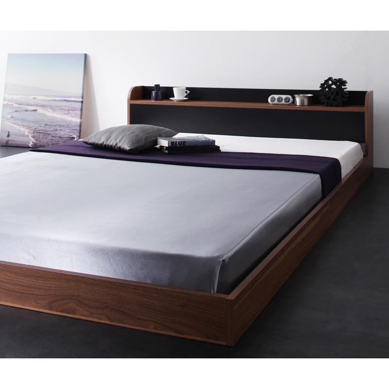 棚・コンセント付 フロアベッド DOUBLE-Wood マルチラススーパースプリングマットレス付き ダブル フレーム色:ウォルナット×ブラック