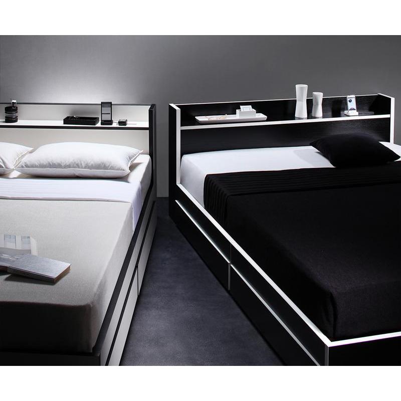 棚付 収納ベッド 〔Fouster〕フースター 〔スタンダードポケットコイルマットレス付き〕 セミダブル 黒×ホワイトエッジ 〔マットレス色〕ブラック