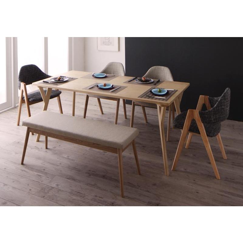 北欧デザインワイドダイニング OLELO オレロ 6点セット チェア：チャコールグレイ ベンチ：クリームベージュ