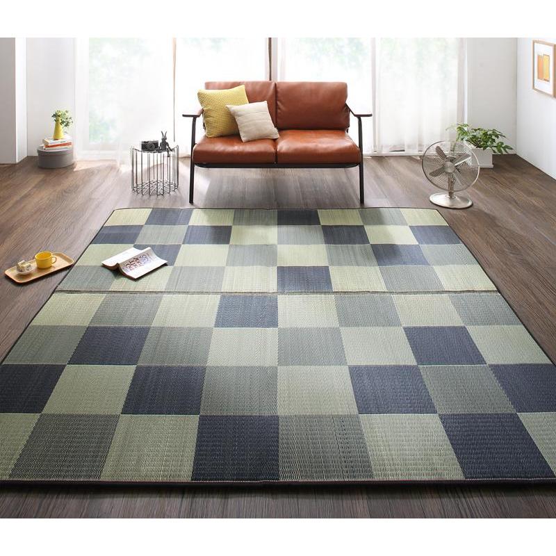 厚みが選べる3タイプ 純国産ブロック柄い草ラグ casule カジュール ウレタンなし 191×191cm ミッドナイトグレー