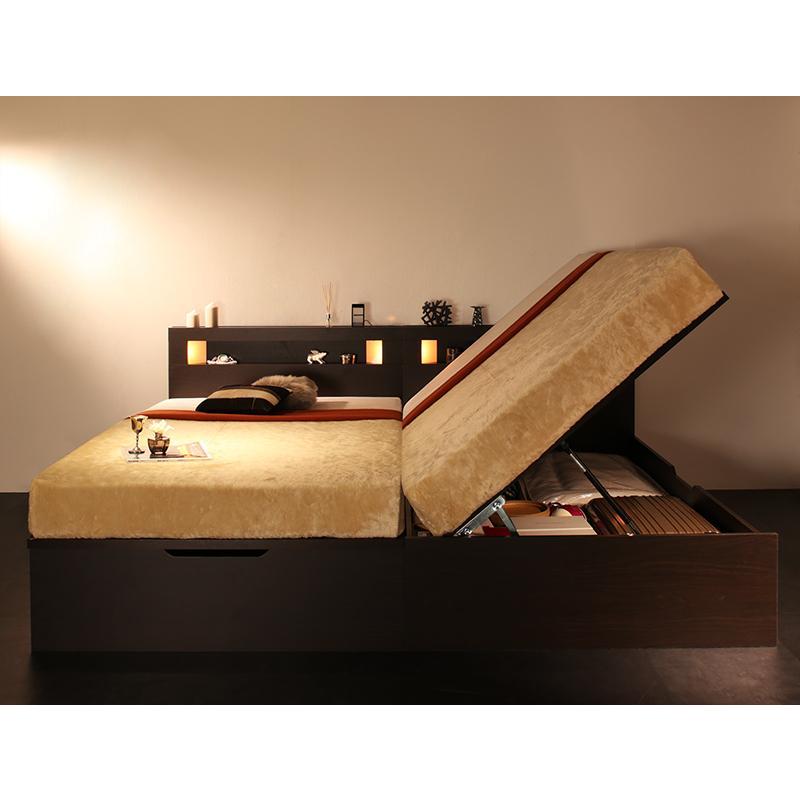 照明付 跳ね上げベッド ルナライト 薄型スタンダードポケットコイルマットレス付 横開き セミダブル 深さラージ フレーム:ホワイト