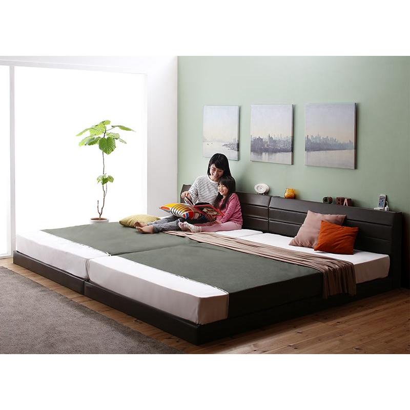 親子で寝られる 棚付き レザー連結ベッド ファミリーナ ラテックス入り国産ポケットコイルマットレス付き ワイドK220(S+SD) フレーム色:ホワイト