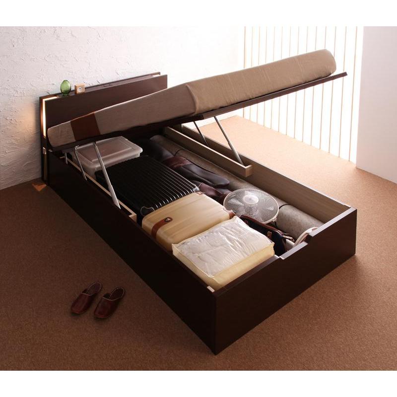 跳ね上げ収納ベッド 〔夕月〕 〔薄型スタンダードポケットコイルマットレス付〕 縦開き シングル 深さレギュラー ダークブラウン