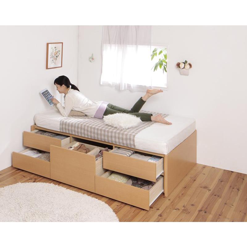 〔組立設置料込み〕大容量 チェストベッド 〔クリージョン〕 〔薄型プレミアムポケットコイルマットレス付き〕 シングル ショート丈 ナチュラル