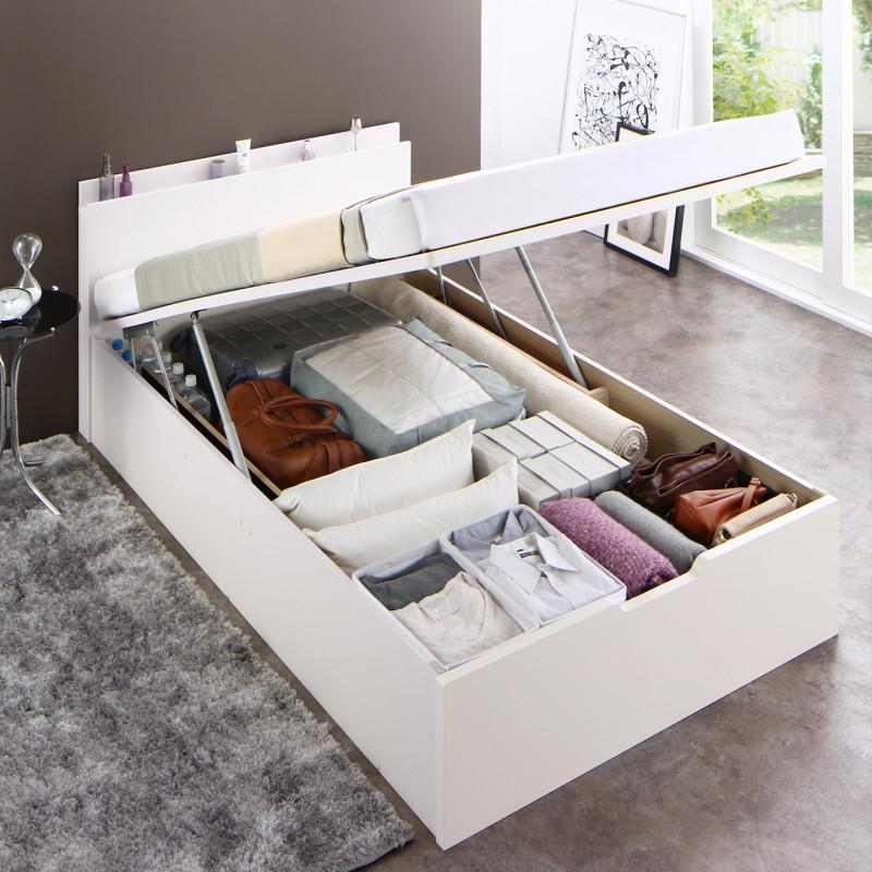 〔組立設置料込み〕跳ね上げ収納ベッド 〔レナーチ-WH〕 ホワイト 〔薄型スタンダードボンネルコイルマットレス付き〕 縦開き セミシングル グランド