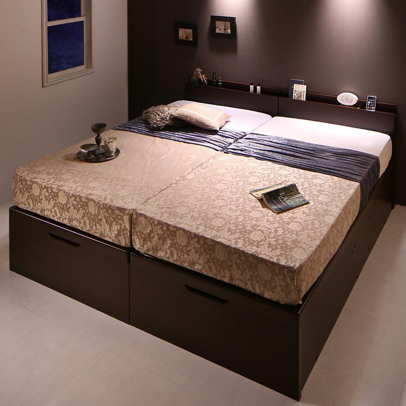 〔組立設置料込み〕跳ね上げ収納ベッド〔Naval〕 〔薄型スタンダードポケットコイルマットレス付〕 縦開き クイーン(SS×2) ダークブラウン 〔マット〕ホワイト