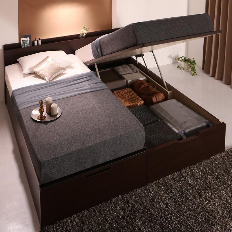 棚付 跳ね上げ収納ベッド ランデルッツ 〔薄型抗菌国産ポケットコイルマットレス付き〕 縦開き キング(SS+S) ダークブラウン