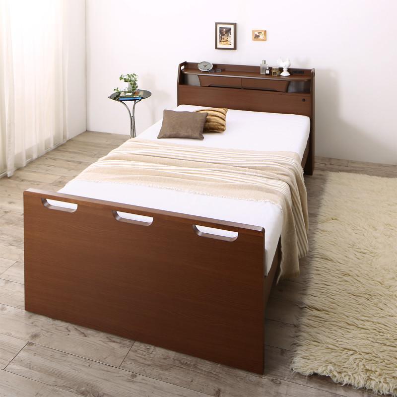 棚・コンセント・ライト付き 幅広電動介護ベッド 〔ウレタンマットレス付き〕 2モーター セミダブル ダークブラウン