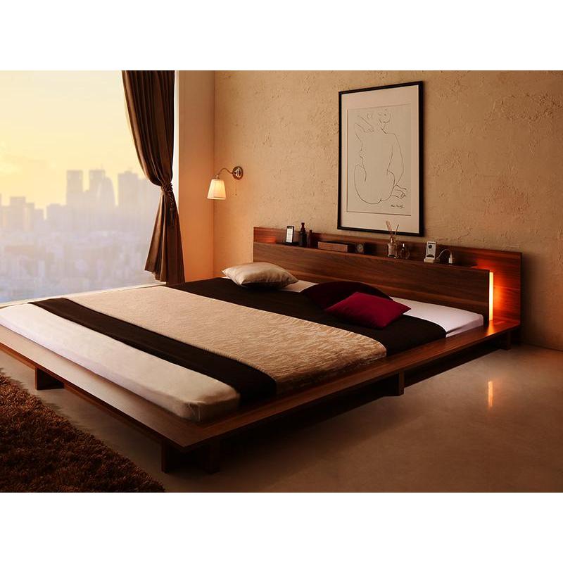 モダンライト付き大型ローベッド 〔スタンダードポケットコイルマットレス付き〕 シングル 〔フレーム色〕ウォルナットブラウン 〔マットレス色〕ブラック