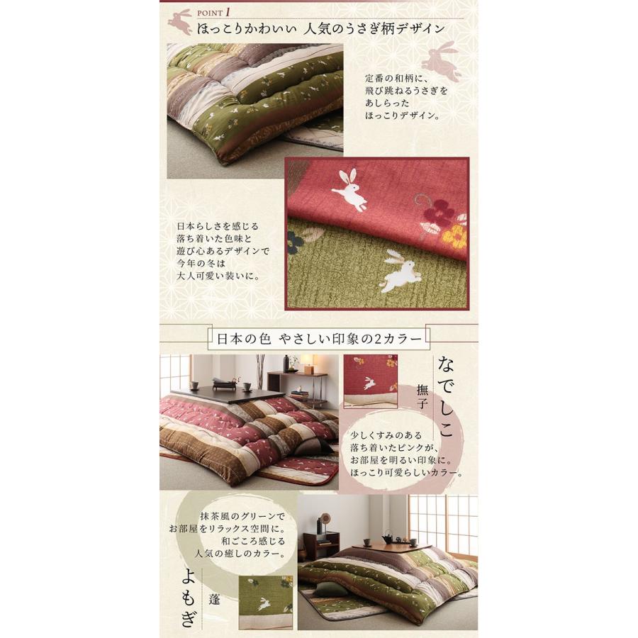 ふっくら綿入り うさぎ和柄 こたつ布団 〔つきひ〕 こたつ用掛け布団\u0026敷き布団2点セット 正方形(80×80cm)天板対応 なでしこの画像