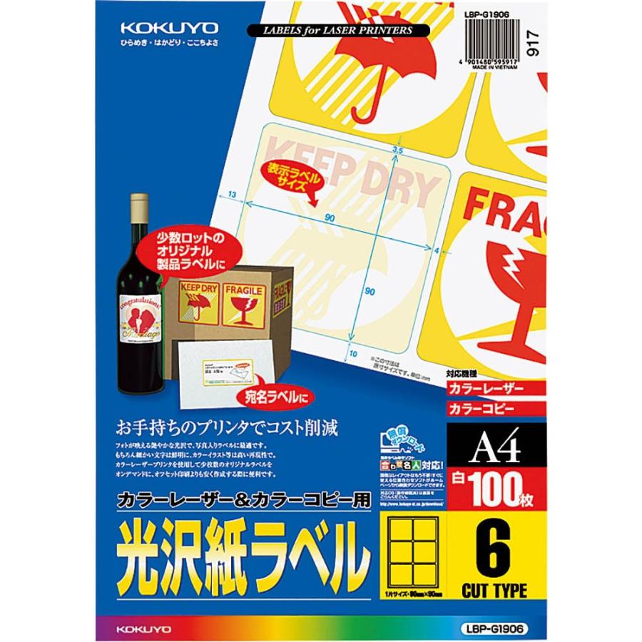 コクヨ カラーレーザー&カラーコピー用 光沢紙ラベル A4 6面 100枚 LBP-G1906