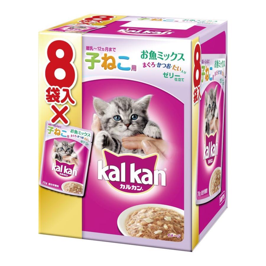 （まとめ買い）マース カルカン パウチ 12ヵ月までの子ねこ用 ゼリー仕立て お魚ミックス まぐろ・かつお・たい入り 70g 8袋パック 〔×5〕｜kireshop