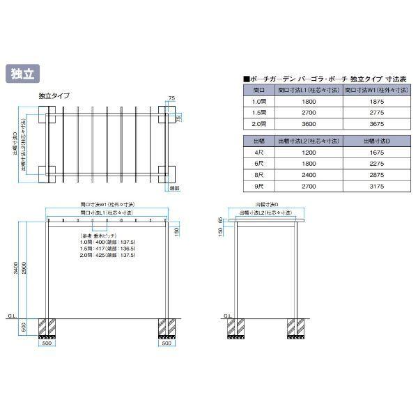 パーゴラ・ポーチ 独立タイプ 1.5間×9尺 【杉】 ＊シェードは別売 ラッピングカラー
