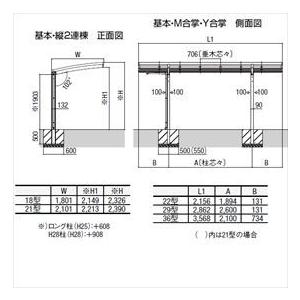 サイクルポート　リクシル　フーゴR　基本　標準柱（H19）　自転車置き場　家庭用　ポリカ板　18-22型　ミニ　『サビに強いアルミ製　屋根』