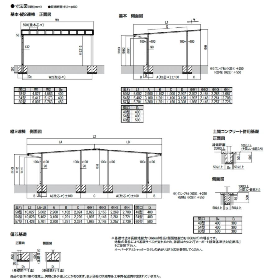 LIXIL リクシル ネスカF 2台用 基本 54-50型 標準柱 H22 熱線吸収ポリカーボネート屋根使用 『 カーポート 本体のみ 駐車場 屋根 外構 DIY 』