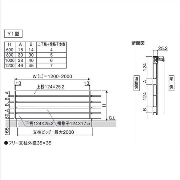 フェンス 外構 おしゃれ 三協アルミ フレイナ Y1型 本体 フリー支柱タイプ 1206 『柵 高さ H600ｍｍ用 腐らない木調アルミフェンス』 木調色の画像