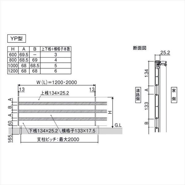 フェンス 外構 diy 目隠し 三協アルミ フレイナ YP型 本体 フリー支柱タイプ 1212 『柵 高さ H1200ｍｍ用 アルミフェンス』 形材色の画像
