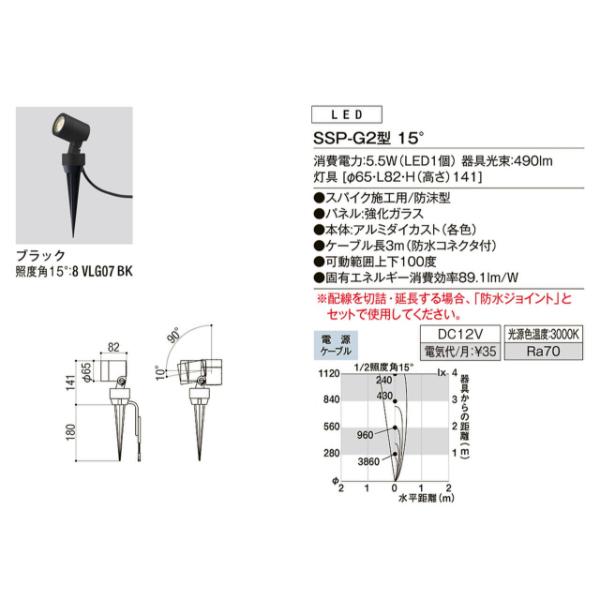 リクシル　12V　美彩　照度角15°8　15°　SSP-G2型　LED　VLG07　『ローボルトライト　エクステリア照明　ブラック　BK　』　スパイクスポットライト