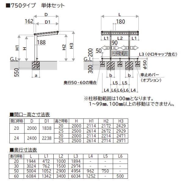 YKK　ルシアス　サイクルポート　H20　自転車収容台数の目安：3台　750タイプ　車止めバーは別売り　20-24　アルミカラー　単体納まり　アルミ屋根