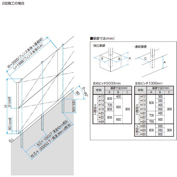 三協アルミ レジリア YLK型（傾斜型） 2・3段フリー支柱 H22.〜H30（30） 75角支柱 『アルミフェンス 柵 』の画像