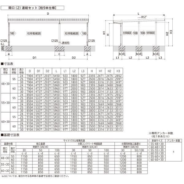 全国配送 YKK YKKAP ジーポート Pro 3000タイプ カーポート 3台用 横材なし 明かり取りなし 間口(2)連結柱9本 M60-60・30 H25 木調色_2