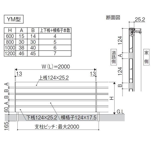 フェンス 外構 おしゃれ 三協アルミ フレイナ YM型 本体 フリー支柱タイプ 2012 『柵 高さ H1200ｍｍ用 腐らない木調アルミフェンス』 木調色の画像