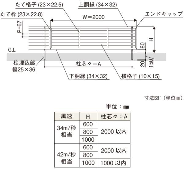 フェンス 外構 diy YKKAP シンプレオフェンス9F型 本体 T60 『高さ60cm用 横(粗)格子タイプ サビに強い アルミフェンス 柵 H600mm用』|kiro|03