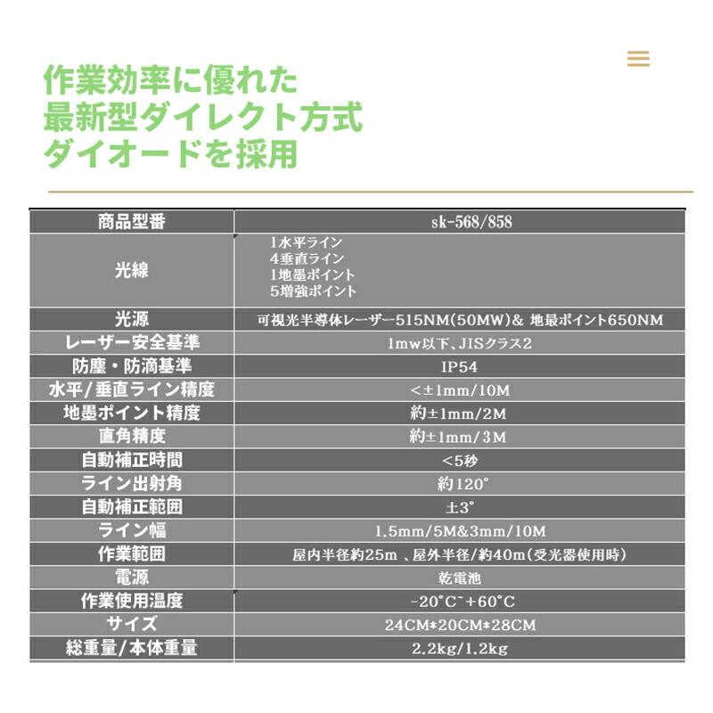 商標登録済み　メーカー1年保証SK-568本体受光器三脚セット10倍強光5ライン グリーン レーザー　自動水平高輝度 高精度水平垂直 【X1】  墨…