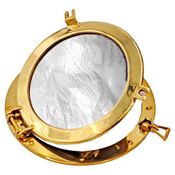 新品未使用【壁掛け鏡　真鍮　円形】 丸鏡 開閉式 丸窓 真鍮 壁掛け 壁面取り付け ミラー 金色 磨き 真鍮製