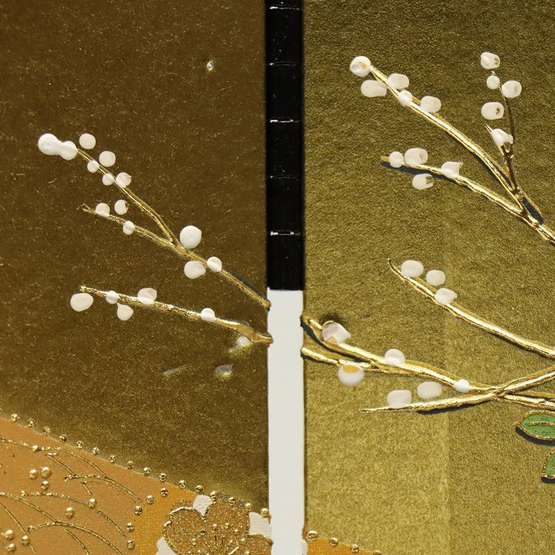 逃げ道品 台屏風仕かける 10号/23号 きずな 長閑やかさ 四曲屏風/黒塗脚付き添い人飾台 24a-ya-0052f