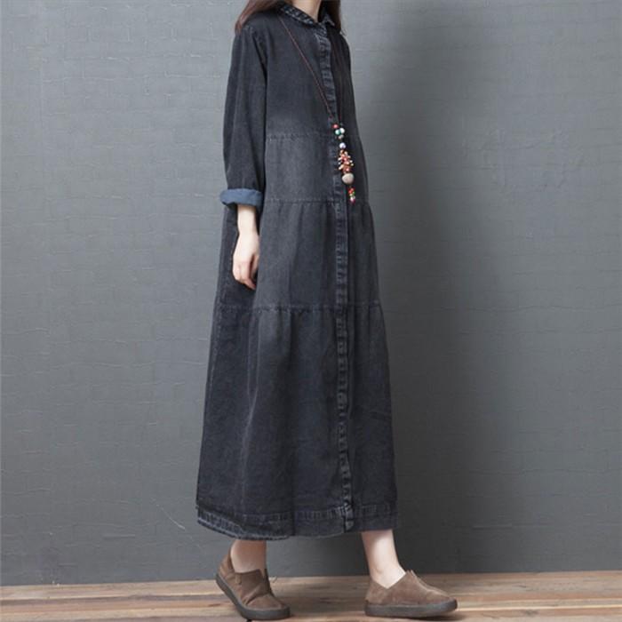 ロングワンピース デニム レディース ロングシャツワンピース 長袖 デニムワンピース フレア ワンピース 秋 マキシワンピ 大きいサイズ ゆったり 体型カバー Xj 001 Kisskirt 通販 Yahoo ショッピング