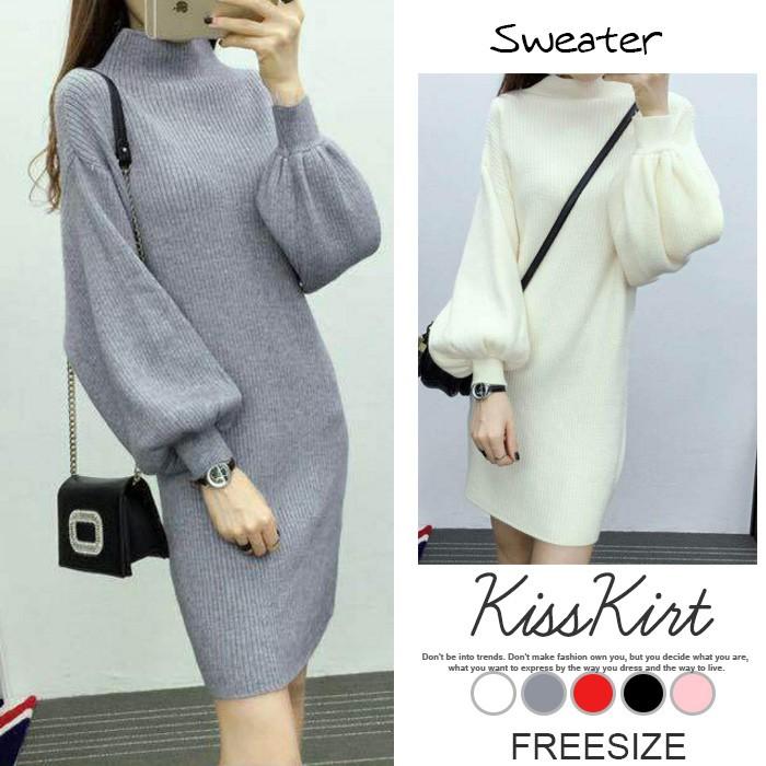 ニットワンピース レディース 40代 秋 冬 ニット セーター タートルネック バルーンスリーブ 大人可愛い きれいめ タイトニット ワンピース ミニ丈 チュニック Xj 0064 Kisskirt 通販 Yahoo ショッピング