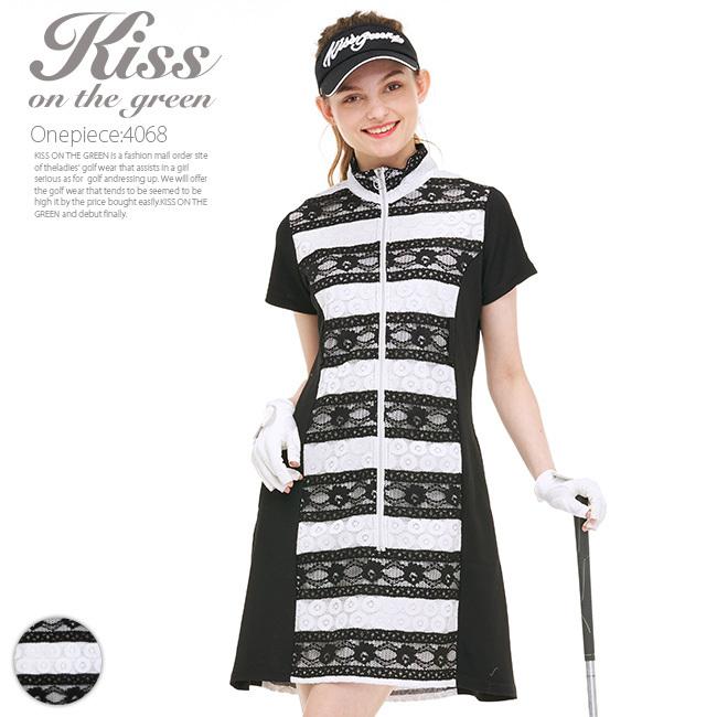 ゴルフ ワンピース 半袖 モノトーン レース ボーダー ワンピ レースボーダージップアップワンピース レースワンピース レースボーダー