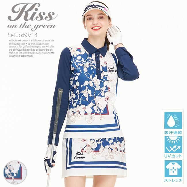 新品　フラッグフロッグゴルフ　セットアップ　ポロシャツ　スカート　S グリーン KISS ON THE GREEN（キスオンザグリーン） スカーフ柄長袖鹿の子