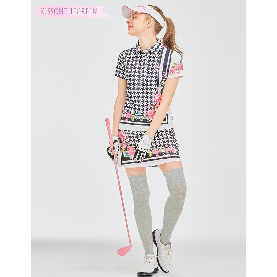 KISS ON THE GREEN 千鳥格子×フラワー柄ポロシャツ＆スカート上下